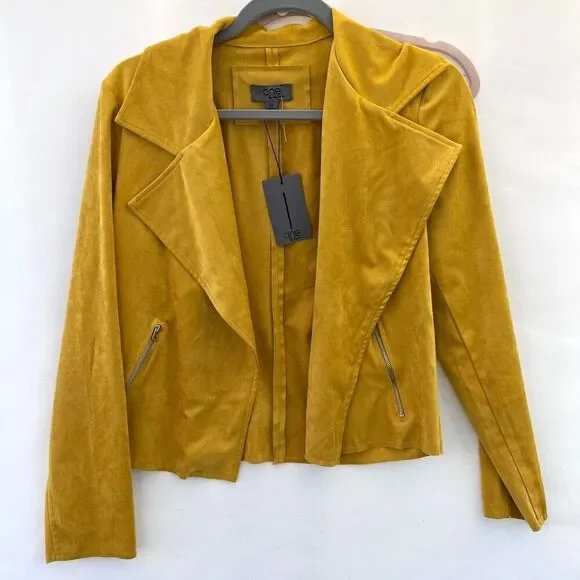Faux Suade Chapter One Womens Mustard Notch Lapel Moto Jacket Size Small NWT - Picture 1 of 7